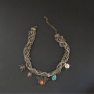 Multichain Brass and Silver Tone Charm Necklace with Multicolor Enamel Insects